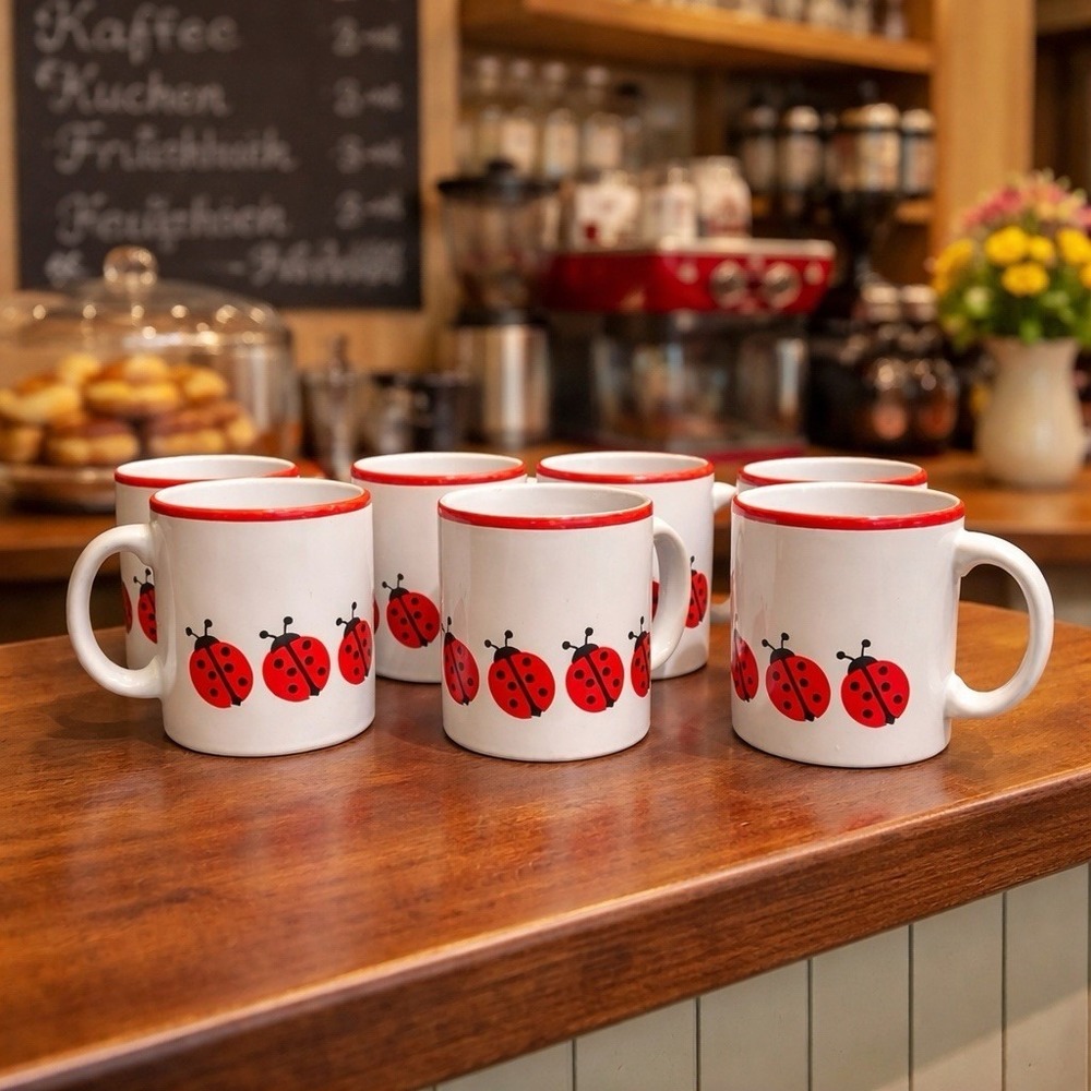 Vintage Waechtersbach Ladybug Coffee Mugs Set Of 7 West Germany Mid Century Mod